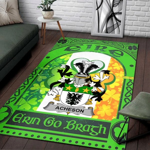 Ireland Area Rug - Acheson Family Crest Area Rug - Irish Shamrock With Ireland Flag