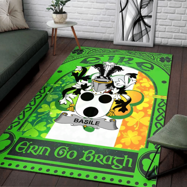 Ireland Area Rug - Basile Family Crest Area Rug - Irish Shamrock With Ireland Flag