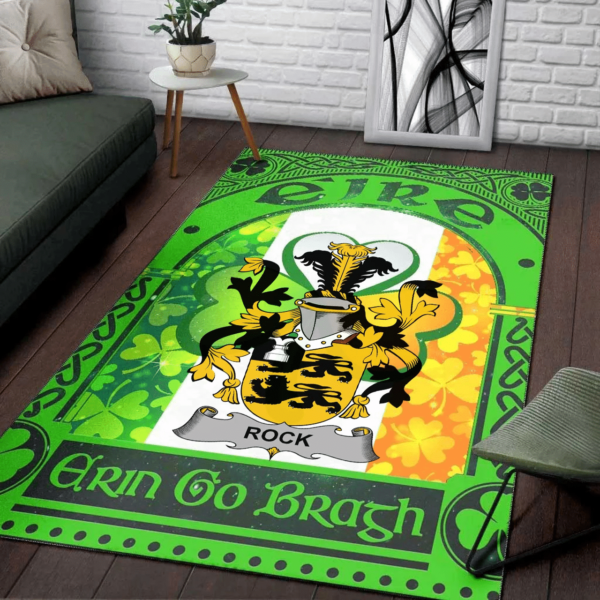 Ireland Area Rug - Rock Family Crest Area Rug - Irish Shamrock With Ireland Flag