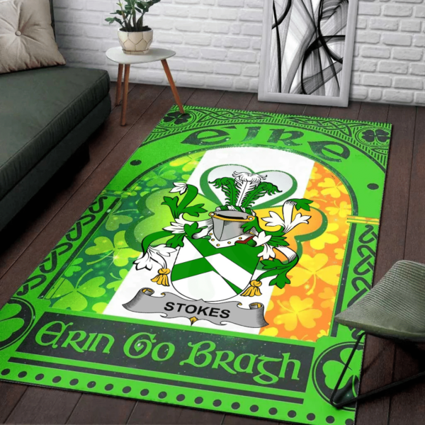 Ireland Area Rug - Stokes Family Crest Area Rug - Irish Shamrock With Ireland Flag