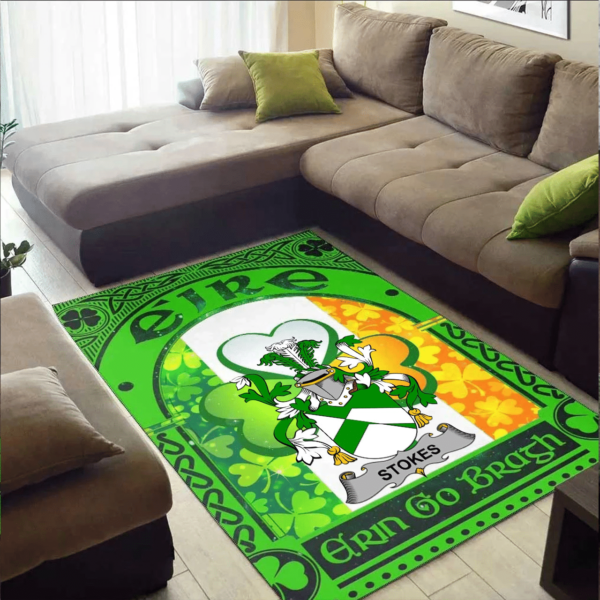 Ireland Area Rug - Stokes Family Crest Area Rug - Irish Shamrock With Ireland Flag - Image 2