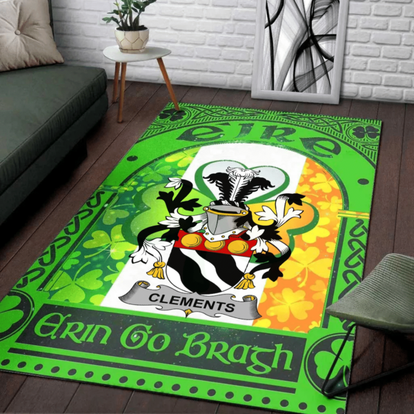 Ireland Area Rug - Clements Family Crest Area Rug - Irish Shamrock With Ireland Flag