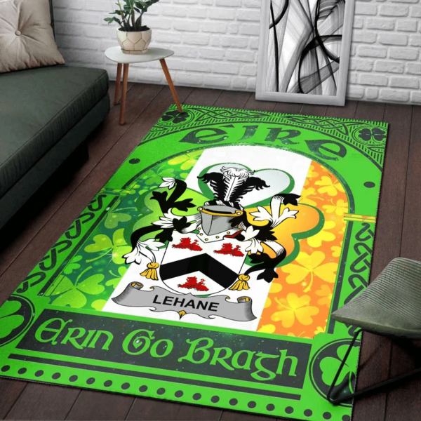 Ireland Area Rug - Lehane or O'Lehane Family Crest Area Rug - Irish Shamrock With Ireland Flag