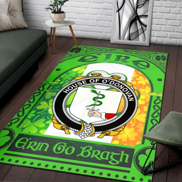 Ireland Area Rug - House of O'DONOVAN Family Crest Area Rug - Irish Shamrock With Ireland Flag