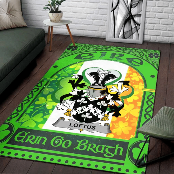 Ireland Area Rug - Loftus Family Crest Area Rug - Irish Shamrock With Ireland Flag