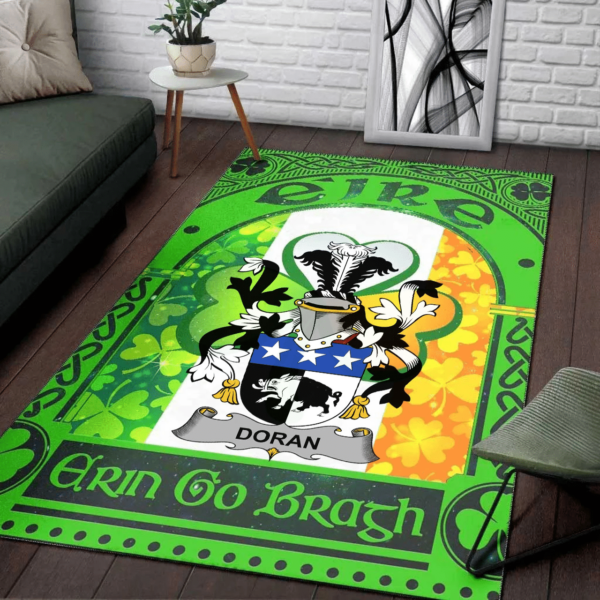 Ireland Area Rug - Doran or O'Doran Family Crest Area Rug - Irish Shamrock With Ireland Flag