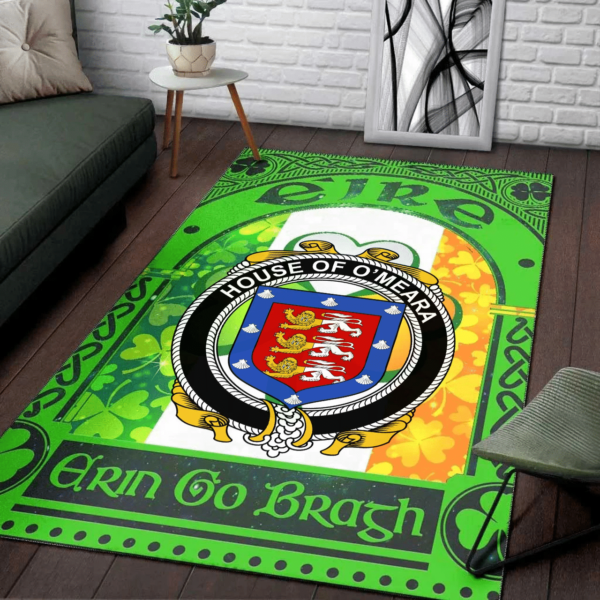 Ireland Area Rug - House of O'MEARA Family Crest Area Rug - Irish Shamrock With Ireland Flag