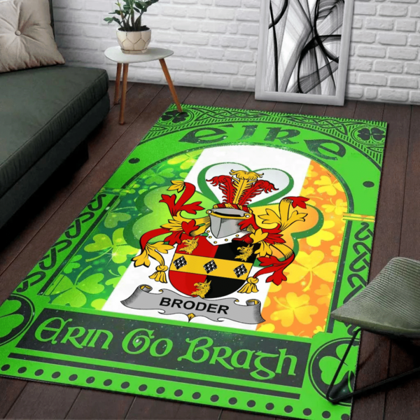 Ireland Area Rug - Broder or O'Broder Family Crest Area Rug - Irish Shamrock With Ireland Flag