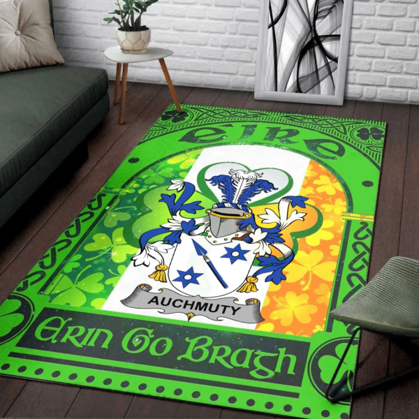 Ireland Area Rug - Auchmuty Family Crest Area Rug - Irish Shamrock With Ireland Flag