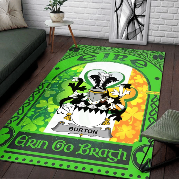 Ireland Area Rug - Burton Family Crest Area Rug - Irish Shamrock With Ireland Flag