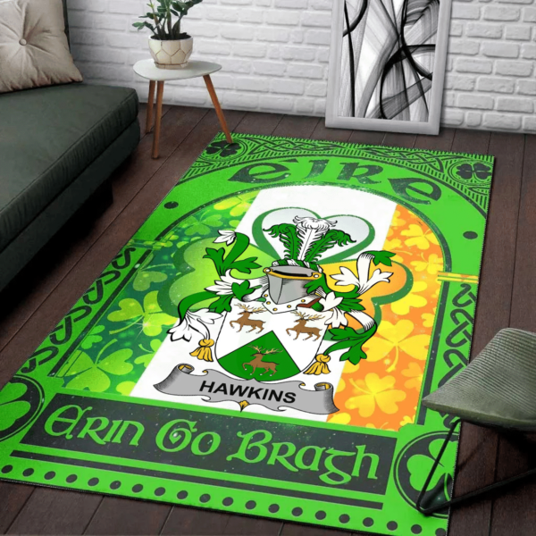 Ireland Area Rug - Hawkins or Haughan Family Crest Area Rug - Irish Shamrock With Ireland Flag