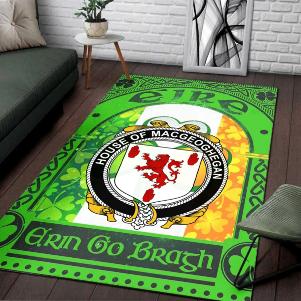 Ireland Area Rug - House of MACGEOGHEGAN Family Crest Area Rug - Irish Shamrock With Ireland Flag