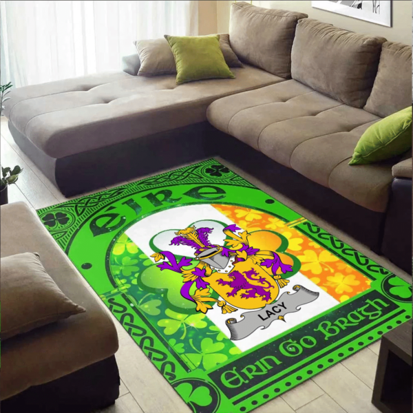 Ireland Area Rug - Lacy or De Lacy Family Crest Area Rug - Irish Shamrock With Ireland Flag - Image 2