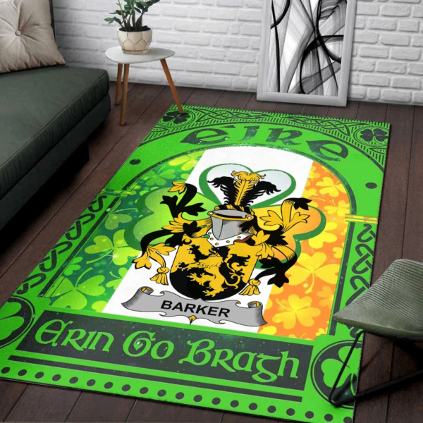 Ireland Area Rug - Barker Family Crest Area Rug - Irish Shamrock With Ireland Flag