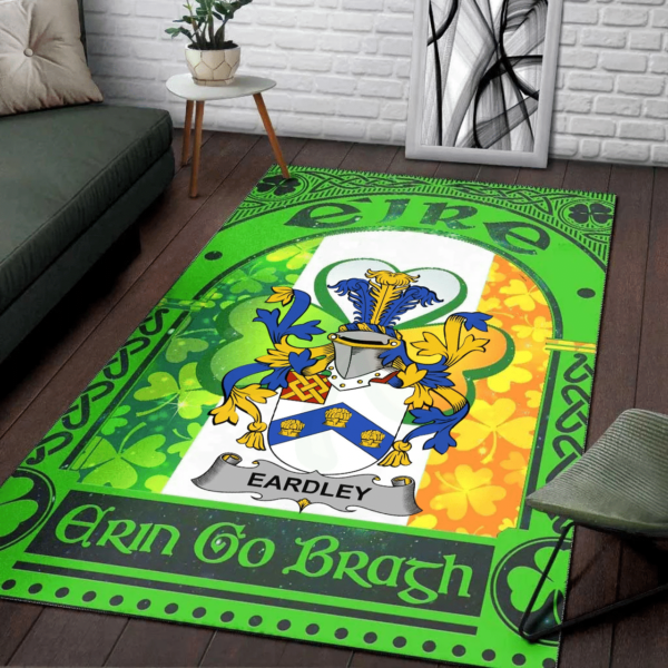 Ireland Area Rug - Eardley Family Crest Area Rug - Irish Shamrock With Ireland Flag