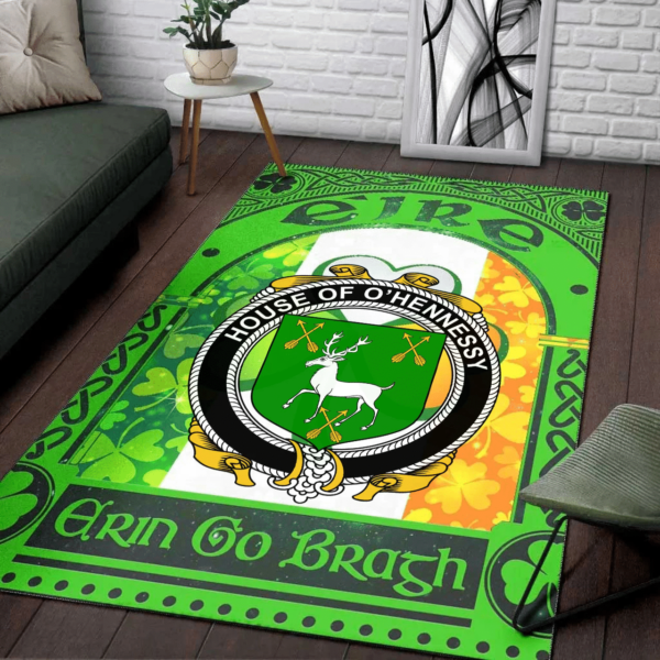 Ireland Area Rug - House of O'HENNESSY Family Crest Area Rug - Irish Shamrock With Ireland Flag