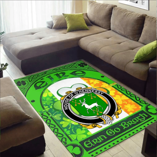 Ireland Area Rug - House of O'HENNESSY Family Crest Area Rug - Irish Shamrock With Ireland Flag - Image 2