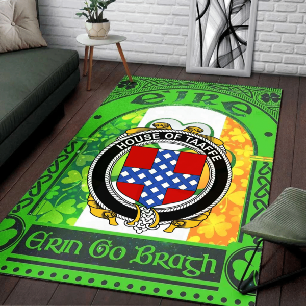 Ireland Area Rug - House of TAAFFE Family Crest Area Rug - Irish Shamrock With Ireland Flag