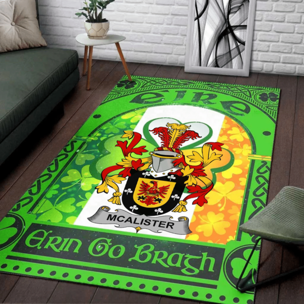 Ireland Area Rug - Alister or McAlister Family Crest Area Rug - Irish Shamrock With Ireland Flag