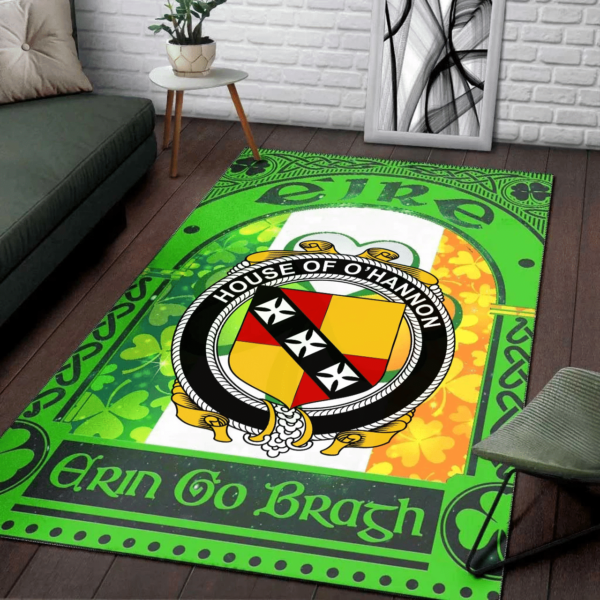 Ireland Area Rug - House of O'HANNON Family Crest Area Rug - Irish Shamrock With Ireland Flag