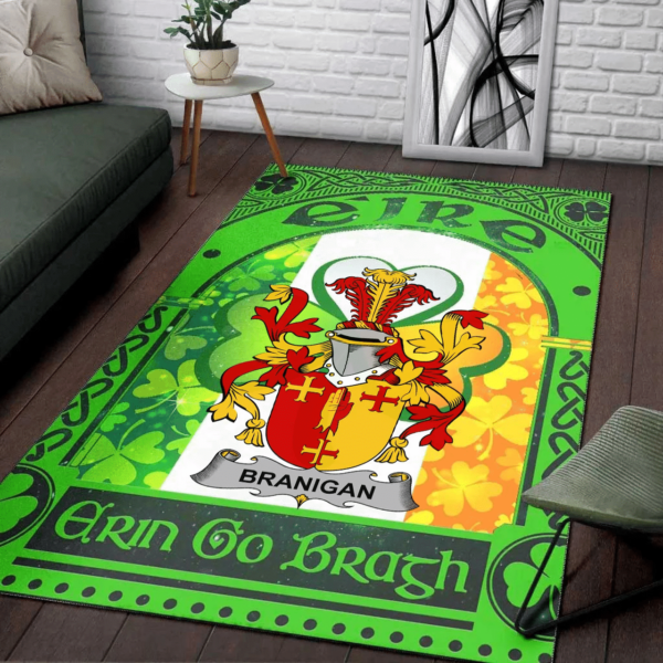 Ireland Area Rug - Branigan or O'Branagan Family Crest Area Rug - Irish Shamrock With Ireland Flag