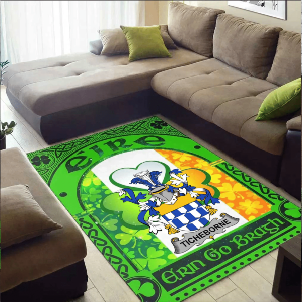 Ireland Area Rug - Ticheborne Family Crest Area Rug - Irish Shamrock With Ireland Flag - Image 2