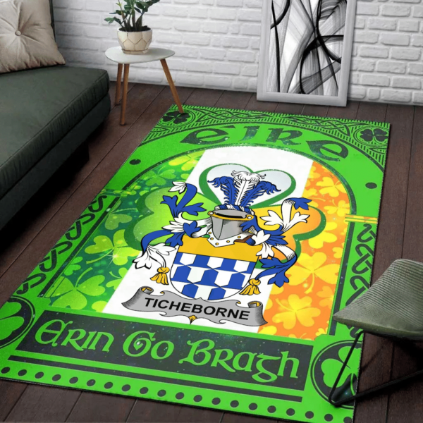 Ireland Area Rug - Ticheborne Family Crest Area Rug - Irish Shamrock With Ireland Flag