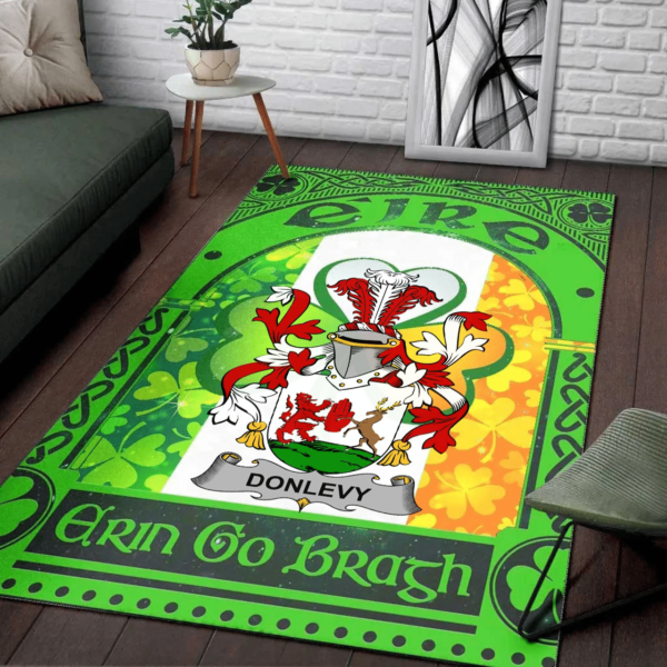 Ireland Area Rug - Donlevy or O'Donlevy Family Crest Area Rug - Irish Shamrock With Ireland Flag