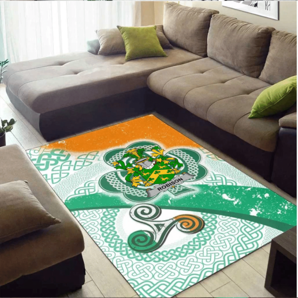 Ireland Area Rug - Robison or Robinson Family Crest Area Rug - Ireland Shamrock With Celtic Patterns