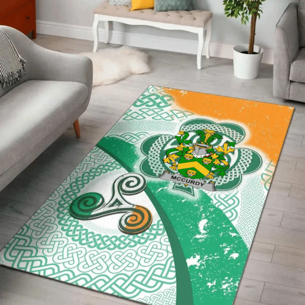 Ireland Area Rug - McCurdy or Curdy Family Crest Area Rug - Ireland Shamrock With Celtic Patterns - Image 2