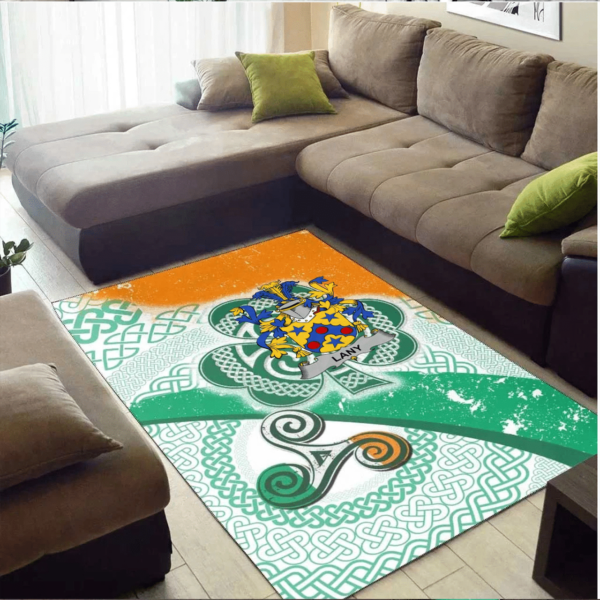 Ireland Area Rug - Lany or Laney Family Crest Area Rug - Ireland Shamrock With Celtic Patterns