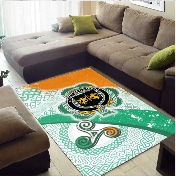 Ireland Area Rug - House of O'CARROLL Family Crest Area Rug - Ireland Shamrock With Celtic Patterns