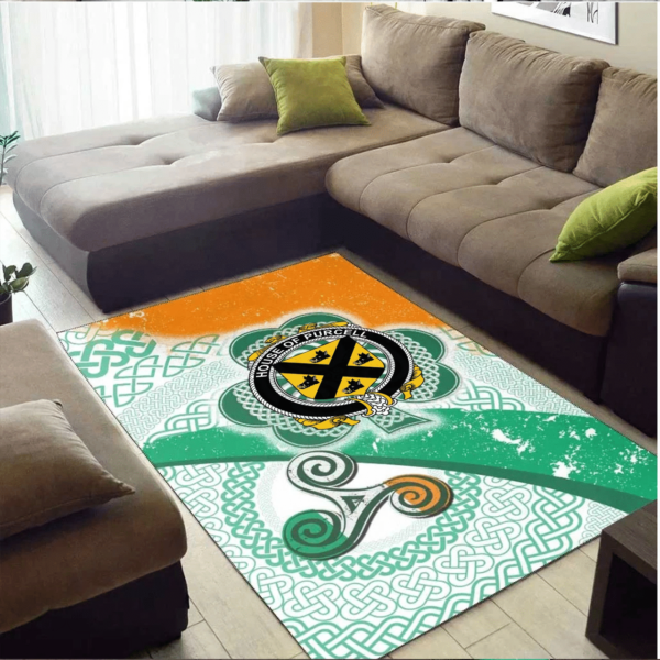 Ireland Area Rug - House of PURCELL Family Crest Area Rug - Ireland Shamrock With Celtic Patterns