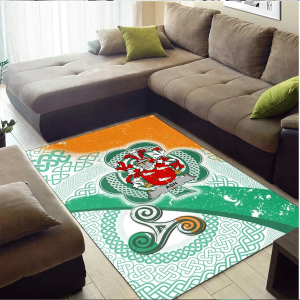 Ireland Area Rug - Ash Family Crest Area Rug - Ireland Shamrock With Celtic Patterns