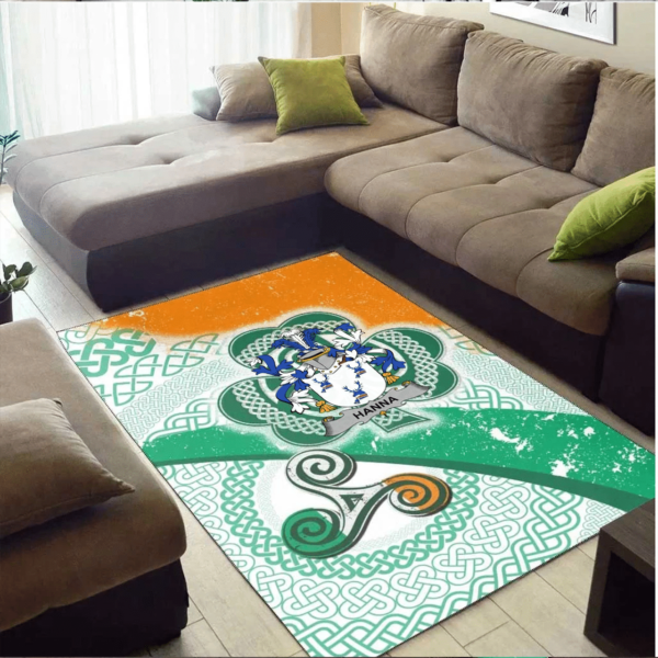 Ireland Area Rug - Hanna or O'Hanna Family Crest Area Rug - Ireland Shamrock With Celtic Patterns