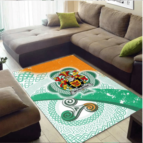 Ireland Area Rug - Alister or McAlister Family Crest Area Rug - Ireland Shamrock With Celtic Patterns