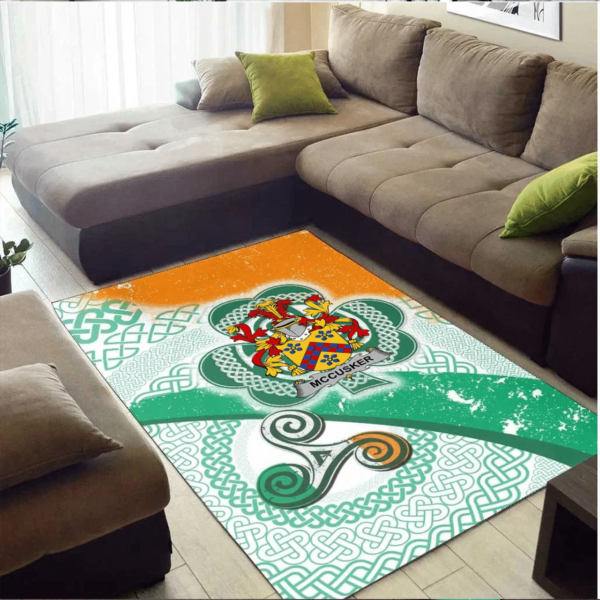 Ireland Area Rug - McCusker or Cosker Family Crest Area Rug - Ireland Shamrock With Celtic Patterns