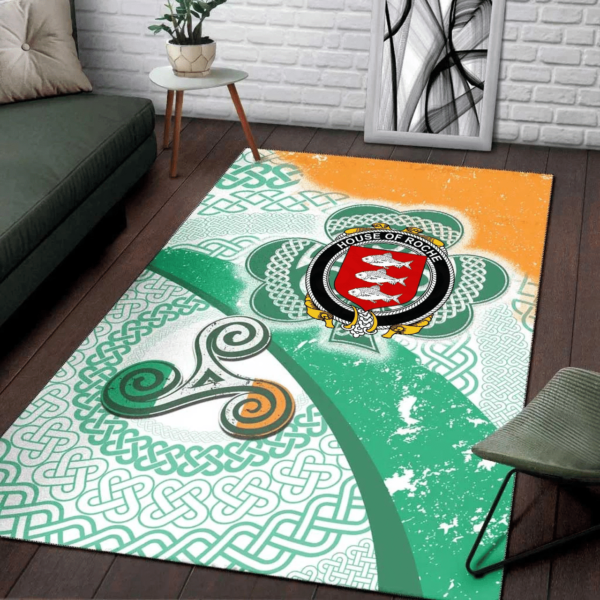 Ireland Area Rug - House of ROCHE Family Crest Area Rug - Ireland Shamrock With Celtic Patterns - Image 3