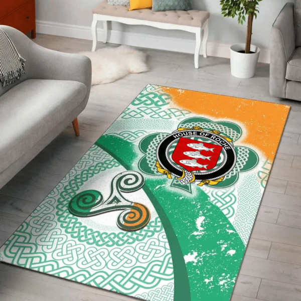 Ireland Area Rug - House of ROCHE Family Crest Area Rug - Ireland Shamrock With Celtic Patterns - Image 2