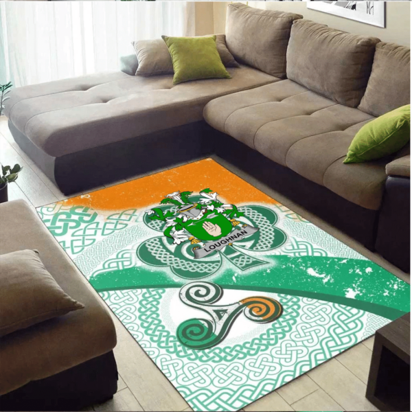 Ireland Area Rug - Loughnan or O'Loughnan Family Crest Area Rug - Ireland Shamrock With Celtic Patterns