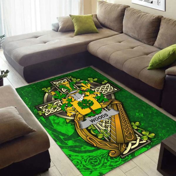 Ireland Area Rug - Woods Family Crest Area Rug - Ireland Coat Of Arms with Shamrock