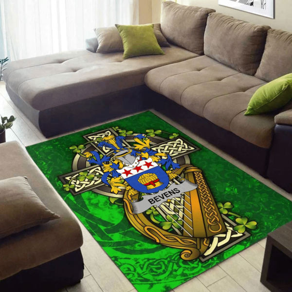 Ireland Area Rug - Bevens Family Crest Area Rug - Ireland Coat Of Arms with Shamrock