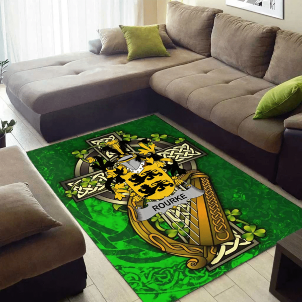 Ireland Area Rug - Rourke or O'Rourke Family Crest Area Rug - Ireland Coat Of Arms with Shamrock