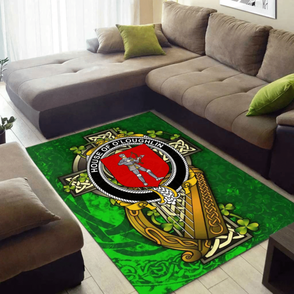 Ireland Area Rug - House of O'LOUGHLIN Family Crest Area Rug - Ireland Coat Of Arms with Shamrock