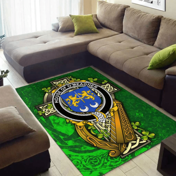 Ireland Area Rug - House of O'MEAGHER Family Crest Area Rug - Ireland Coat Of Arms with Shamrock