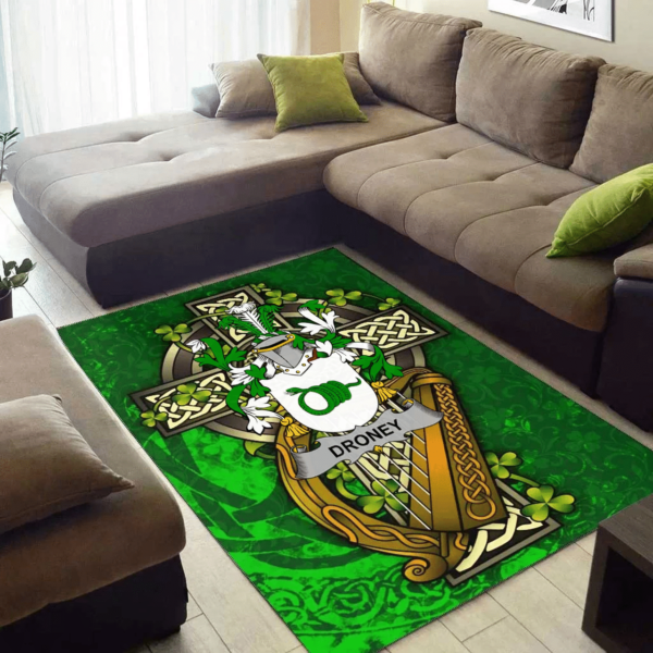 Ireland Area Rug - Droney or O'Droney Family Crest Area Rug - Ireland Coat Of Arms with Shamrock