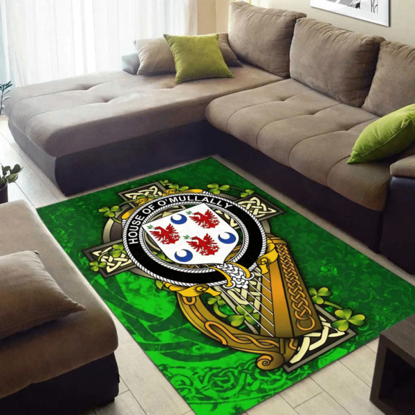 Ireland Area Rug - House of O'MULLALLY Family Crest Area Rug - Ireland Coat Of Arms with Shamrock