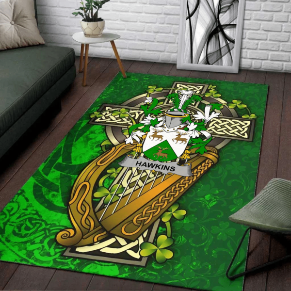 Ireland Area Rug - Hawkins or Haughan Family Crest Area Rug - Ireland Coat Of Arms with Shamrock - Image 2