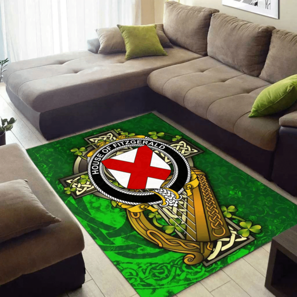 Ireland Area Rug - House of FITZGERALD Family Crest Area Rug - Ireland Coat Of Arms with Shamrock