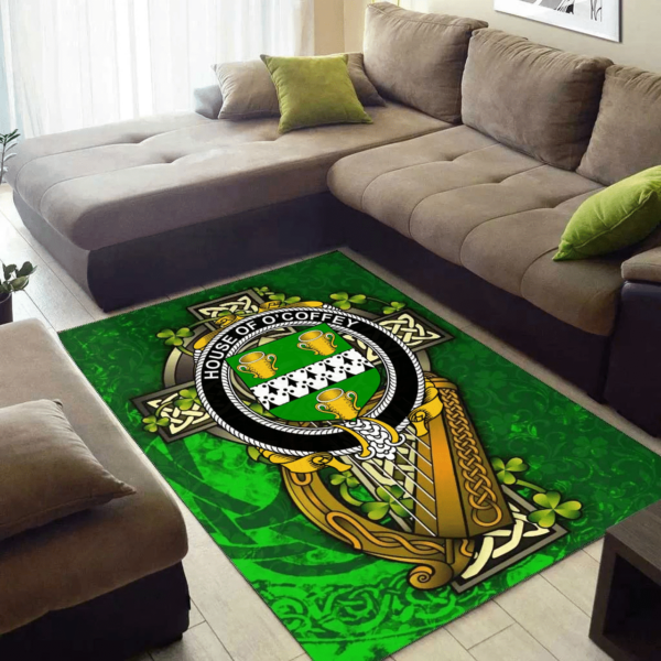 Ireland Area Rug - House of O'COFFEY Family Crest Area Rug - Ireland Coat Of Arms with Shamrock